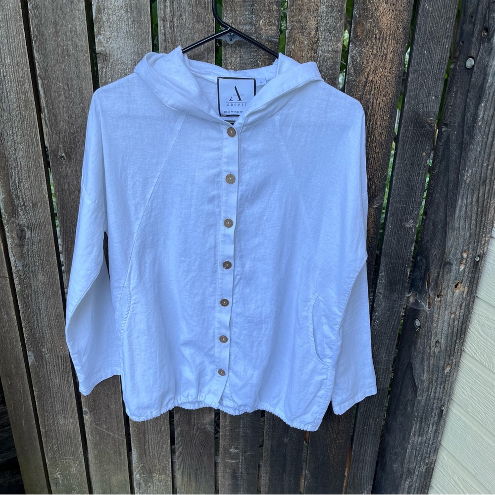 Adeptt 100% Linen Button Down Hooded Lightweight Cardigan Jacket In White Sz S